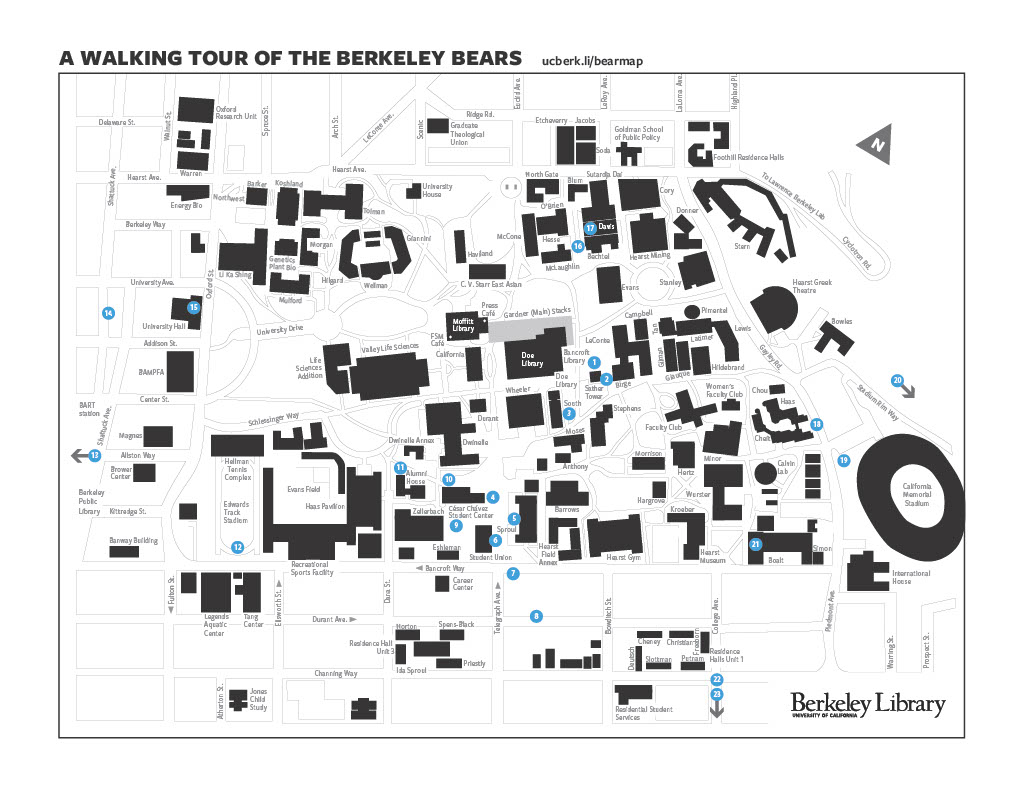 A map of the bear statues, sculptures and art on campus and around it. 