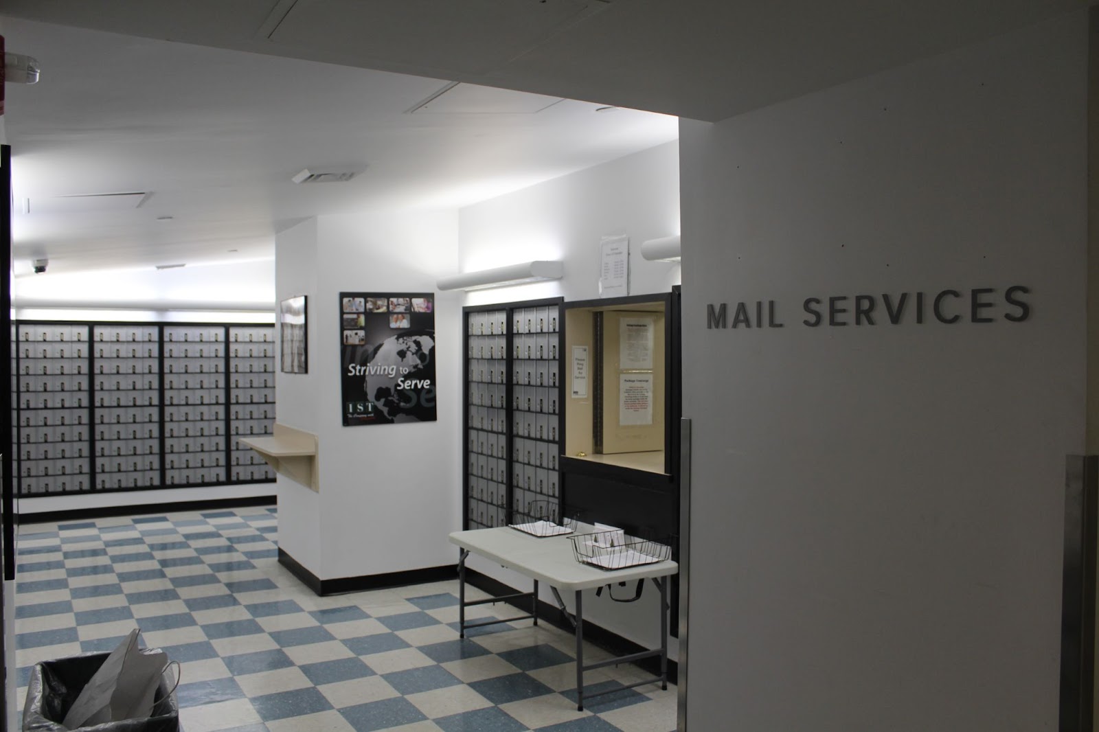 A mailroom with signage reading "Mail Services"