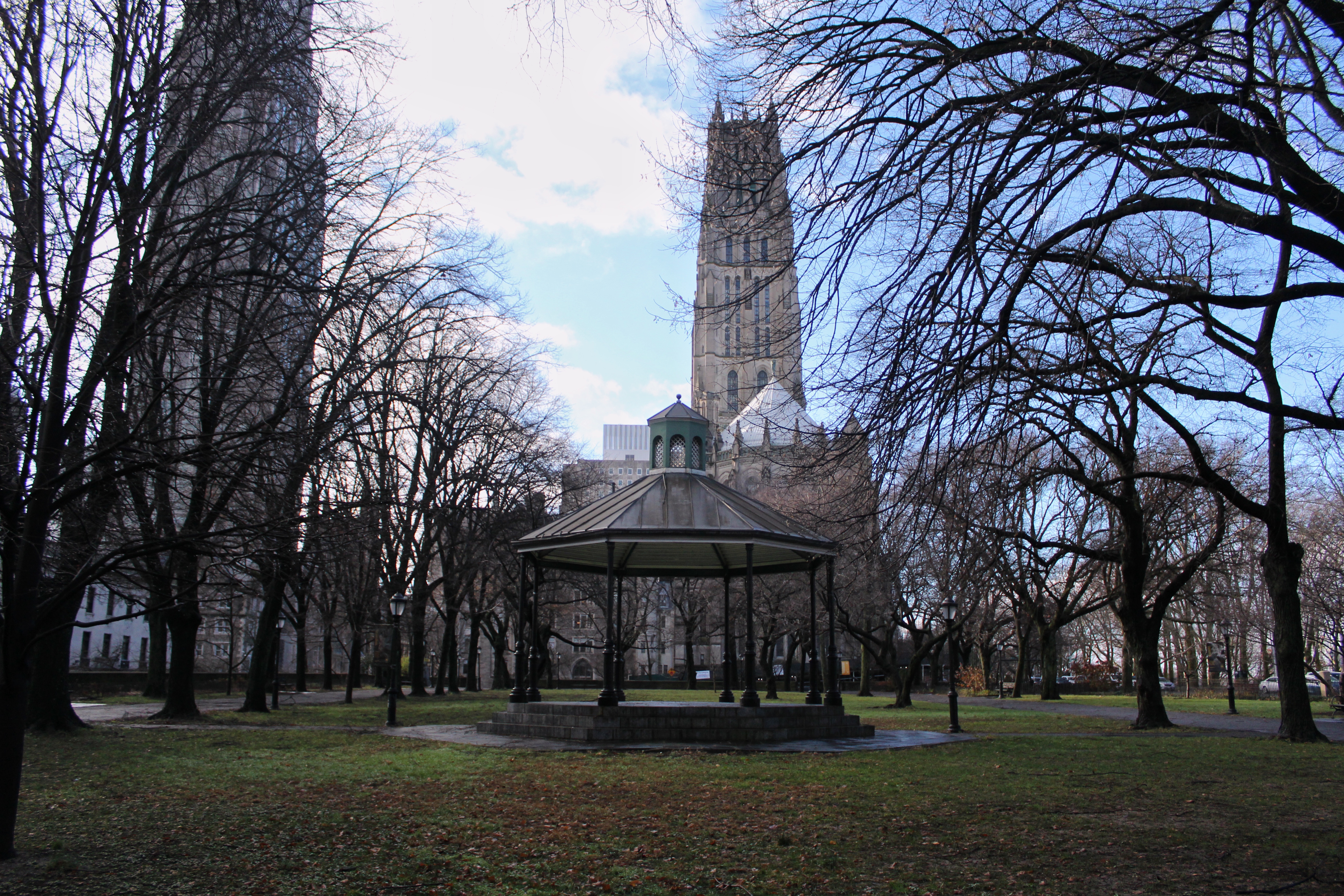 A park with barren trees with a church in the backdrop.