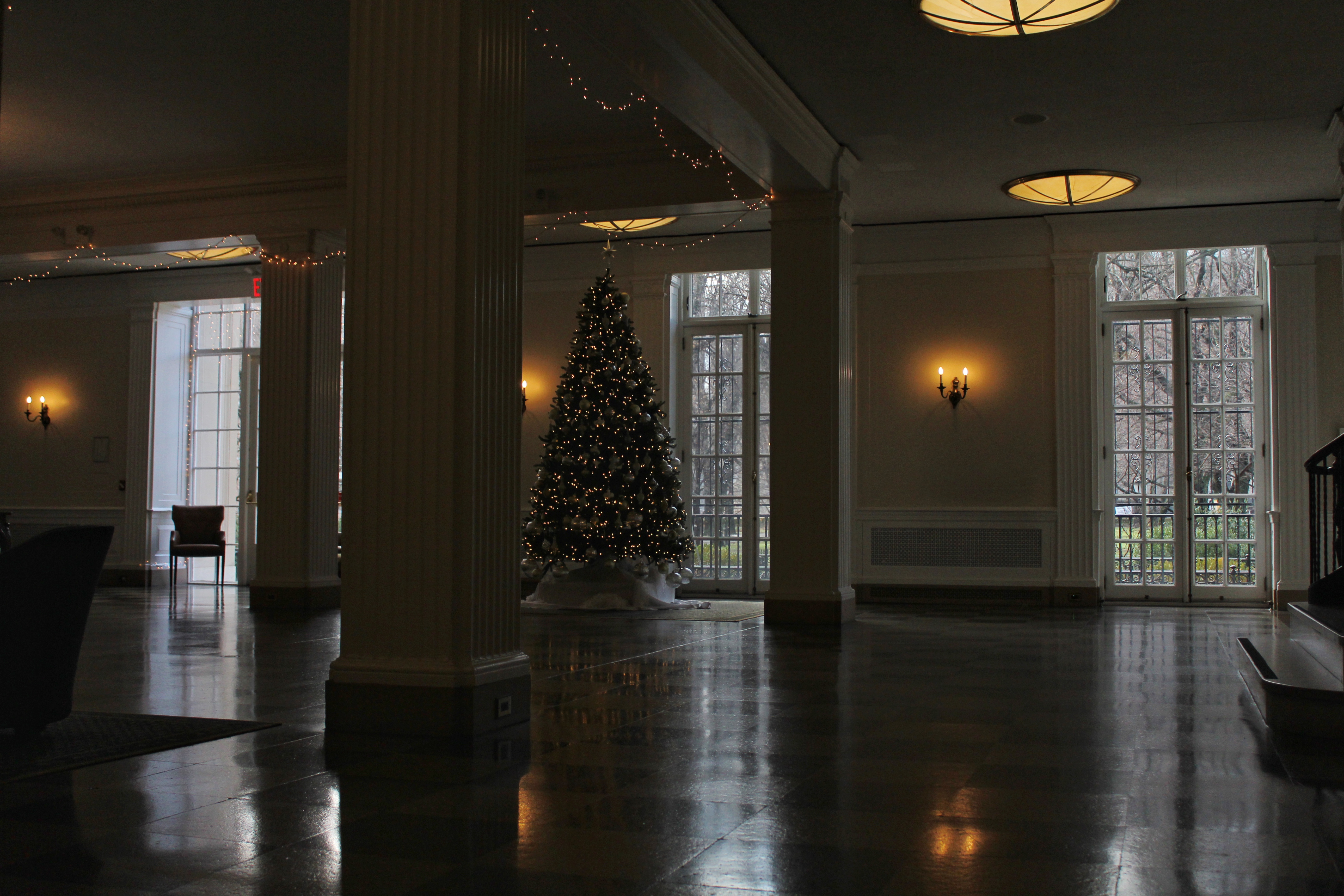A lone Christmas tree is lit inside a lobby.