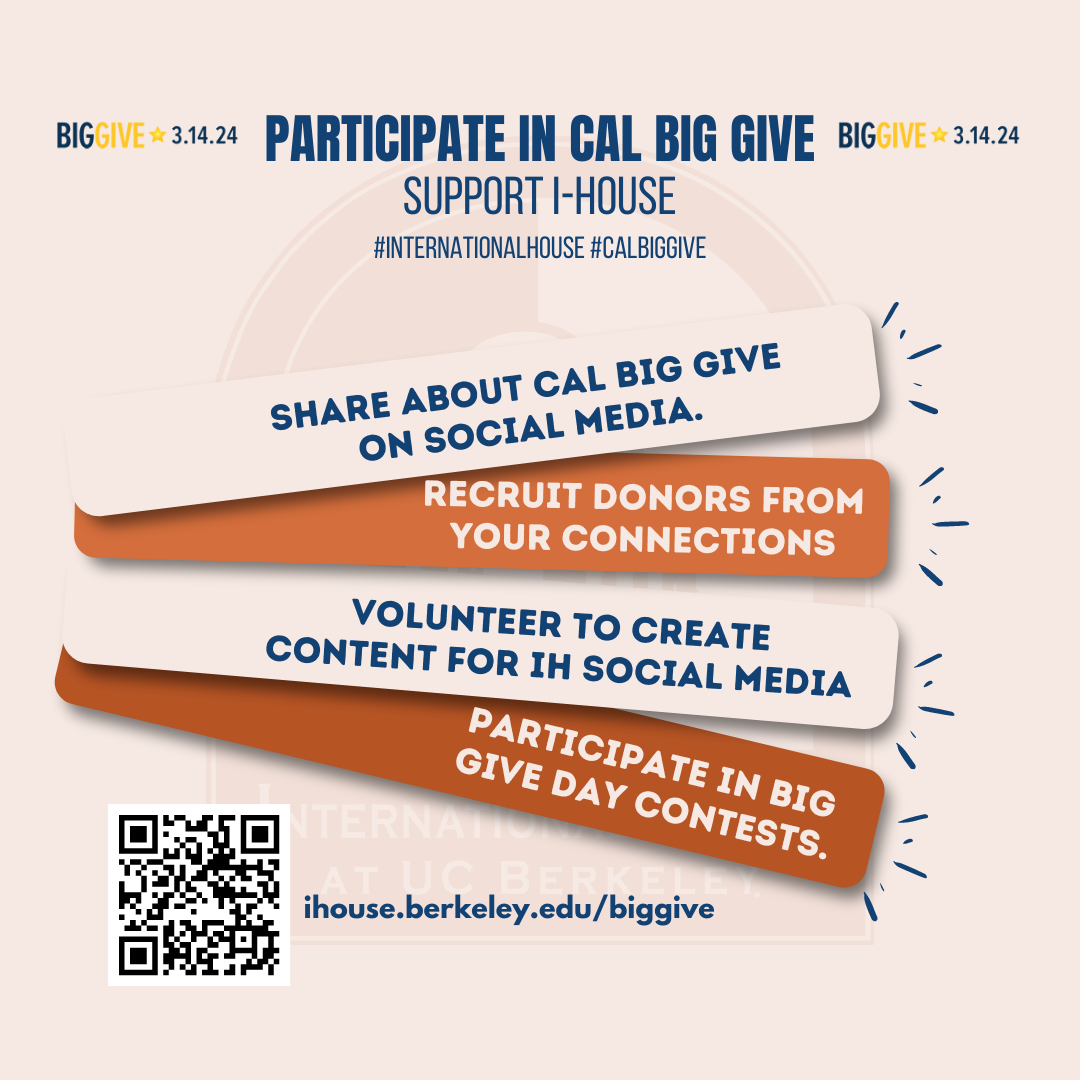 A poster highlighting the importance of participating in the Big Give for I-House with accompanying QR code.
