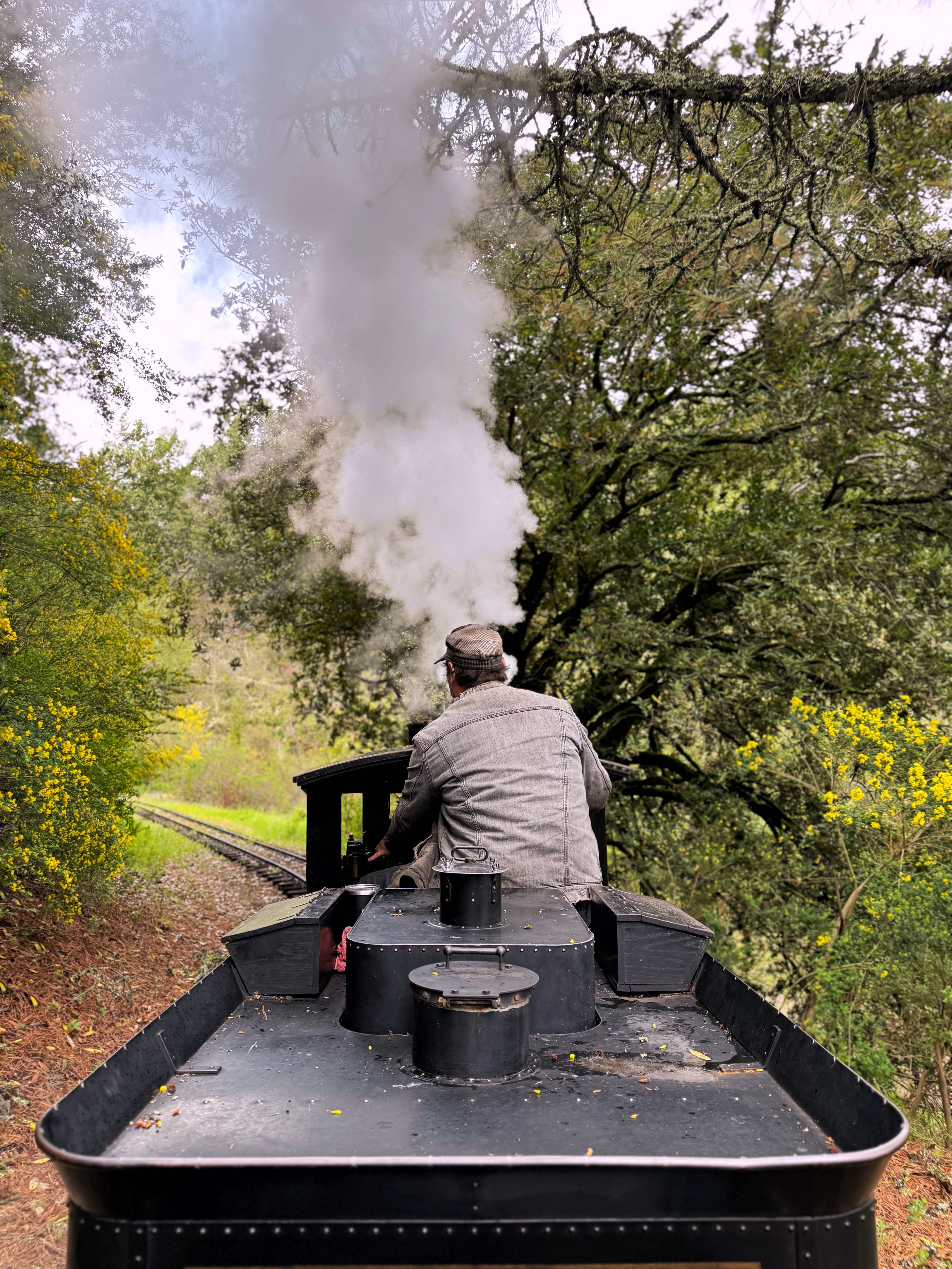 A man operating a miniature steam train.