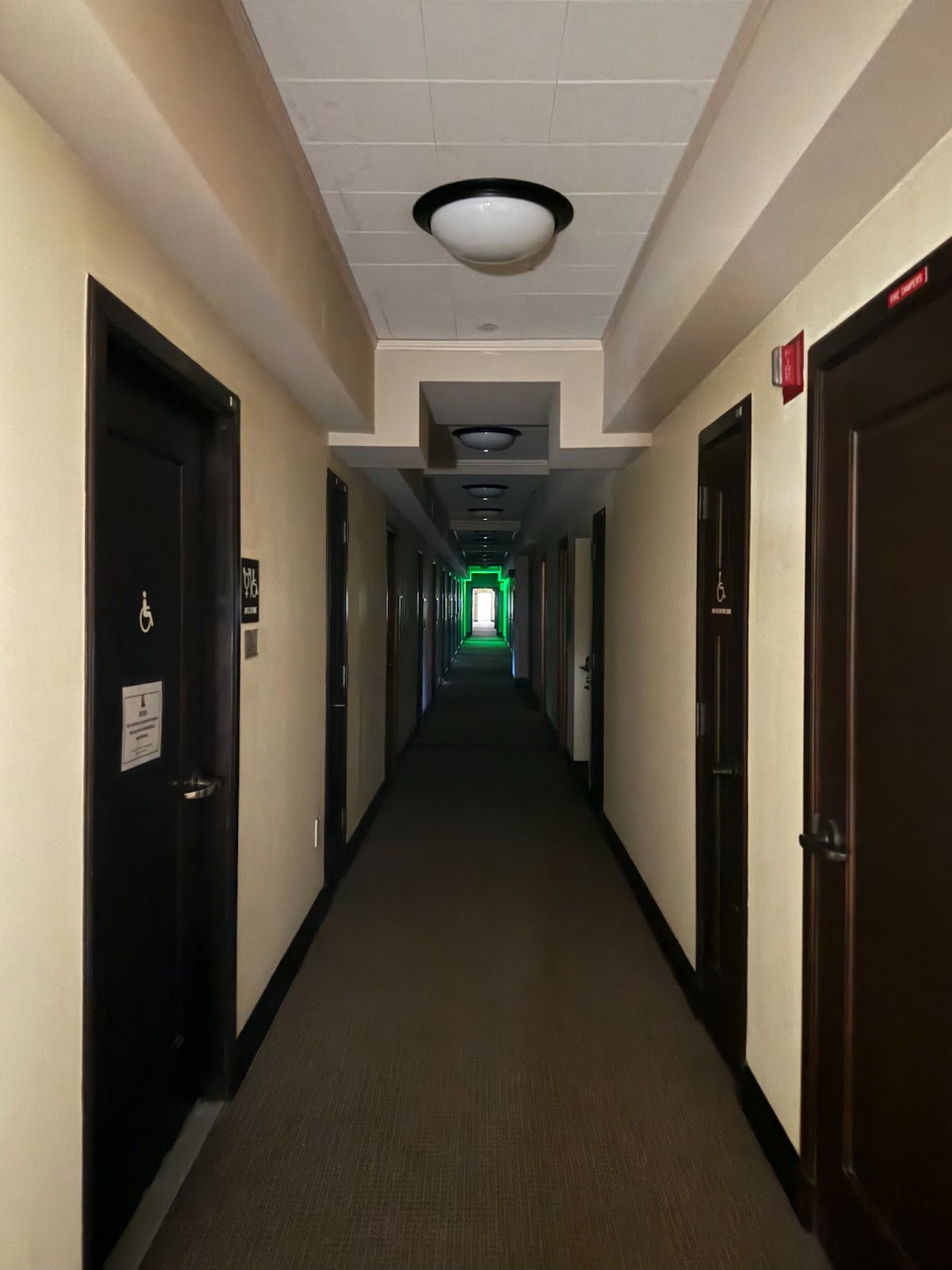 I-House with the lights out, and only the sunlight to illuminate the corridor.